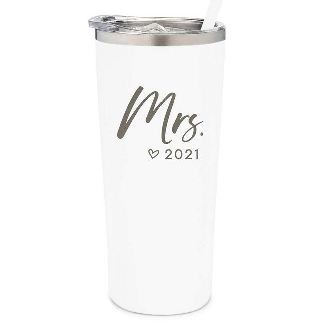SassyCups Mrs. Tumbler Cup | The Mrs. Est. 2021 Engraved Stainless Steel Vacuum Insulated For Bride Tumbler with Straw | Bride Water Bottle | Bride 2021 | Bridal Shower | Bride to Be (22 Ounce, White)