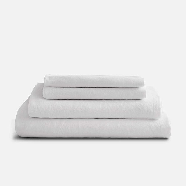 Sijo Premium Stone Washed 100% French Linen Bed Sheet Set, Small Batch Sourced from Normandy, Breathable and Durable, 4pc Set - 2 Pillowcases, 1 Fitted and 1 Flat (Snow, Queen - Complete 4 Piece)