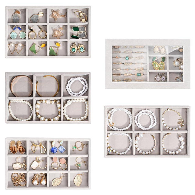 ProCase Jewelry Organizer Tray Jewelry Storage Box, Stackable Velvet Jewelry Drawer Organizer Inserts Earring Holder for Stud Earring Necklace Rings Bracelet -Grey, 5 Layers, Small