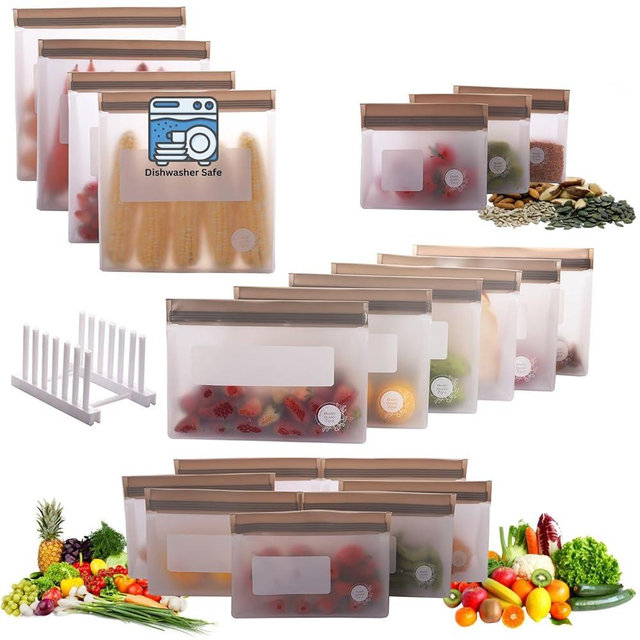 Reusable Silicone Food Storage Bags – 21-Pack Stand-Up, BPA-Free, Freezer, Dishwasher Safe & Eco-Friendly – 4 Gal, 6 L, 7 M, 3 S + Rack – Airtight Leakproof Sandwich, Snack, and Meal Prep Bags (Grey)