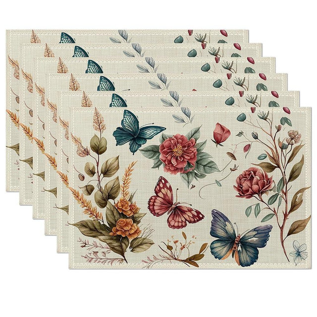 Butterfly Floral Vintage Placemats Set of 6, 12x18 Inch Waterproof Stain Resistant Linen Table Placemats Summer Seasonal Farmhouse Kitchen Party Decor Home Decor