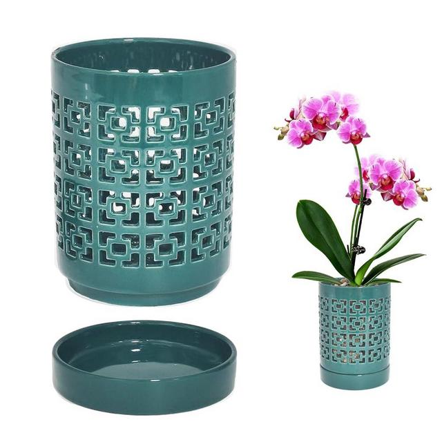 4 Inch Orchid Pot, Ceramic Orchid Pot for Repotting With Saucers, Orchid Pots With Holes More Ventilation hole Easy breathing, Plant Pot for Repotting Orchids and Other Flowers - Indoor/Outdoor green