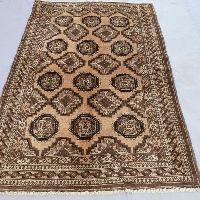 Muted Antique Terracotta Rug 4x6 Afghan Geometric Bukhara Rug, Distressed Wool Vintage Faded Rug, Turkmen Tribal Oriental Rug, Bedroom Rug