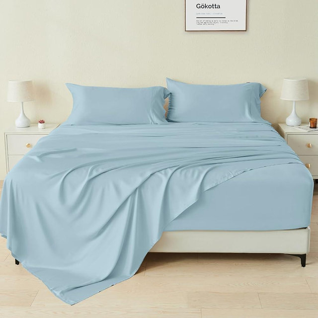 GOKOTTA 4-Pcs King Size Sheets Set, 100% Rayon Derived from Bamboo, 16 Inch Deep Pocket King Sheets with Elastic Corner Straps, Cooling Sheets for Hot Sleepers - Silky Soft & Breathable - Sky Blue