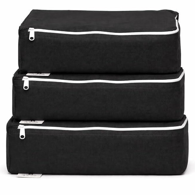 Forever Cotton Packing Cubes Bag Pure Canvas Travel Organizers (10"x7"x3x") with Durable YKK Zippers for Clothes, Shoes & Luggage Storage (Set of 3 SMALL, Black)