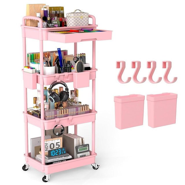 LLMRR 4 Tier Rolling Utility Cart with Drawer, Plastic Storage Organizer Rolling Carts with Wheels Handles Hanging Cups Hooks for Office, Bathroom, Kitchen,Craft Art Room (Pink)