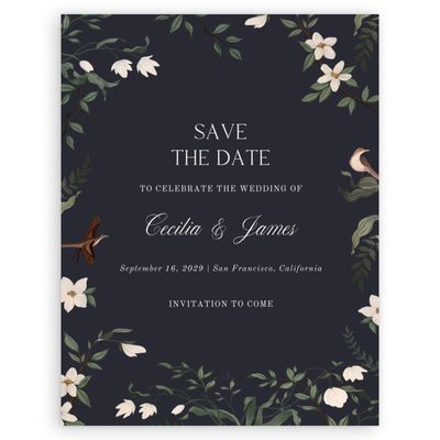 Black Greenery Wedding Digital Save the Date - Oiseau Portrait