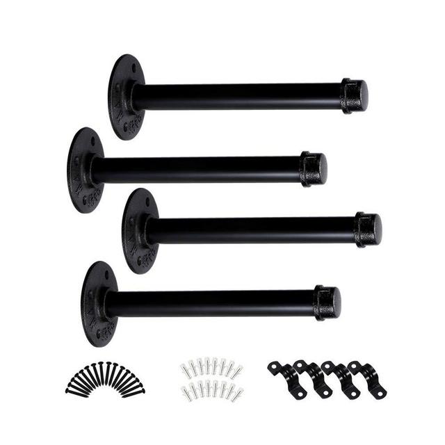 3/4 Gas Pipe Shelf Brackets 10" inch 4 PCS Black Rustic Farmhouse Industrial Iron Metal Wall Floating Brace Support for DIY Custom Open Shelving Hardware Included