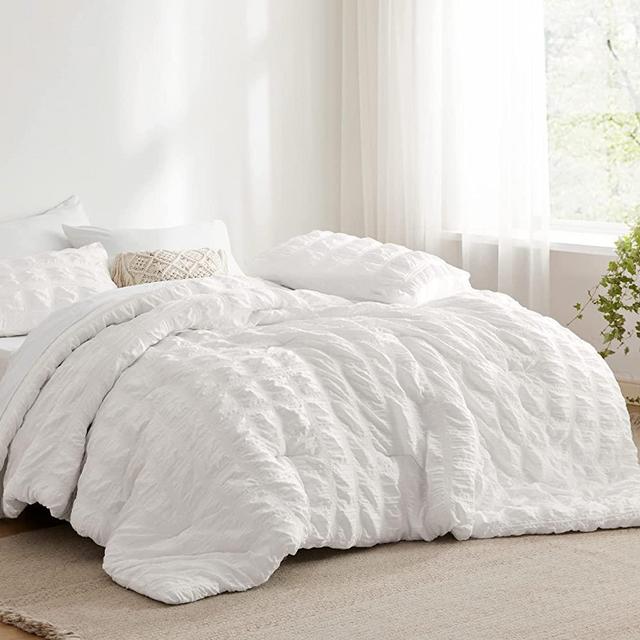 Bedsure Bed in a Bag Queen - Queen Comforter Set 7 Pieces Plaid Seersucker Bedding Set, Soft Lightweight Down Alternative Comforter, Queen Bed Set(White,Queen)