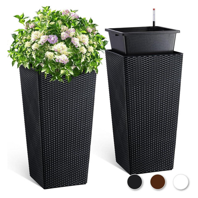 30” Tall Rattan Planter Set of 2, Water Monitor, Wheels & 2 Trays, Large Indoor/Outdoor Pots for Patio, Porch, Living Room, Black