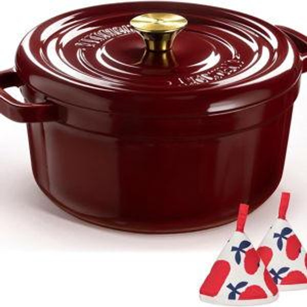 Overmont Enameled Cast Iron Dutch Oven - 5QT Pot with Lid Cookbook & Cotton Potholders - Heavy-Duty Cookware for Braising, Stews, Roasting, Bread Baking burgundy