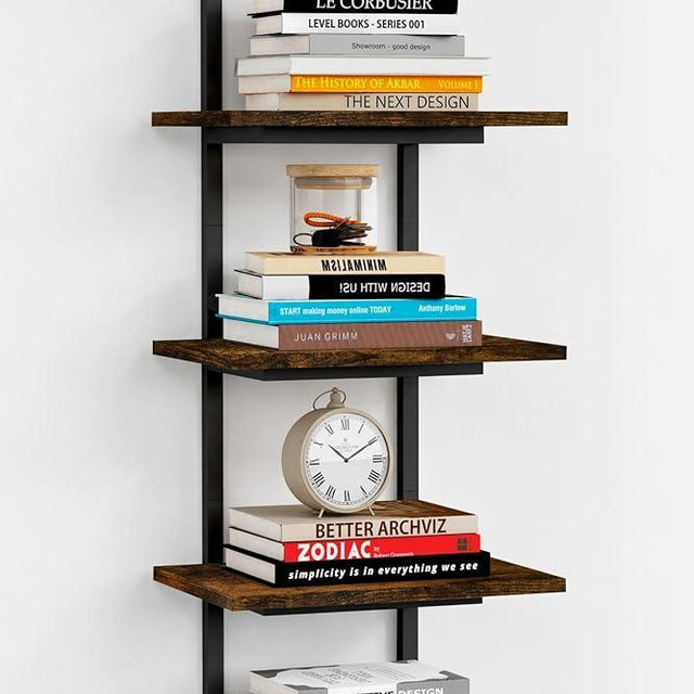 Harwaya 5 Tier Wall Bookshelf Unit for Bedroom Books, Large Floating Book Shelves Wall Mounted, Rustic Wood Lack Tiered Hanging Shelf for Kitchen Office Living Room Corner (Dark Brown)