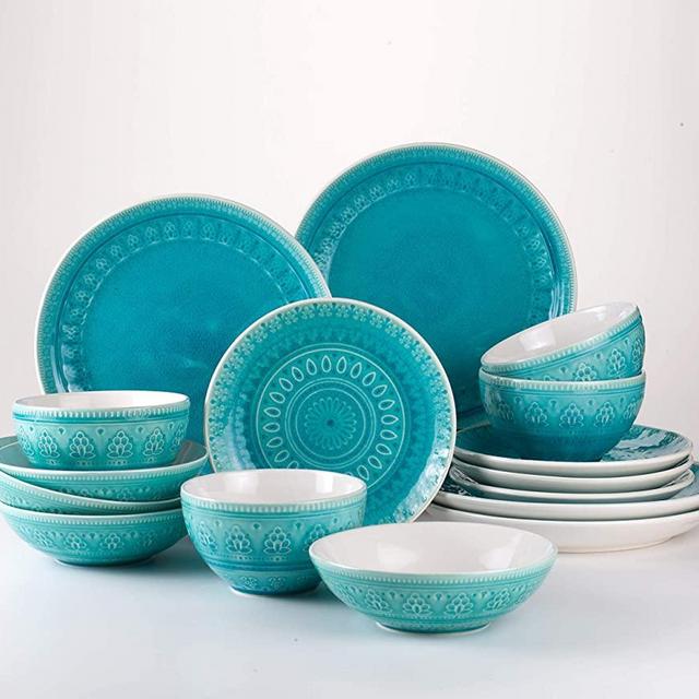 Euro Ceramica Fez Collection Reactive Crackle-Glaze 16 Piece Double Bowl Dinnerware Set, Teardrop Mandala Design, Service for 4, Turquoise