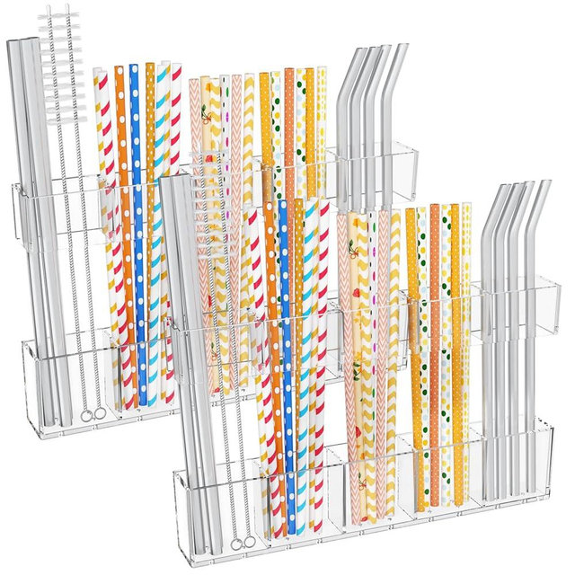 Mpotmiy 9.5” Large Acrylic Straw Holder for Cabinet Door 2 pack - Reusable tumbler straw organizer, Compact Kitchen Gadget Container, adhesive cupboard door organizer (Transparent)