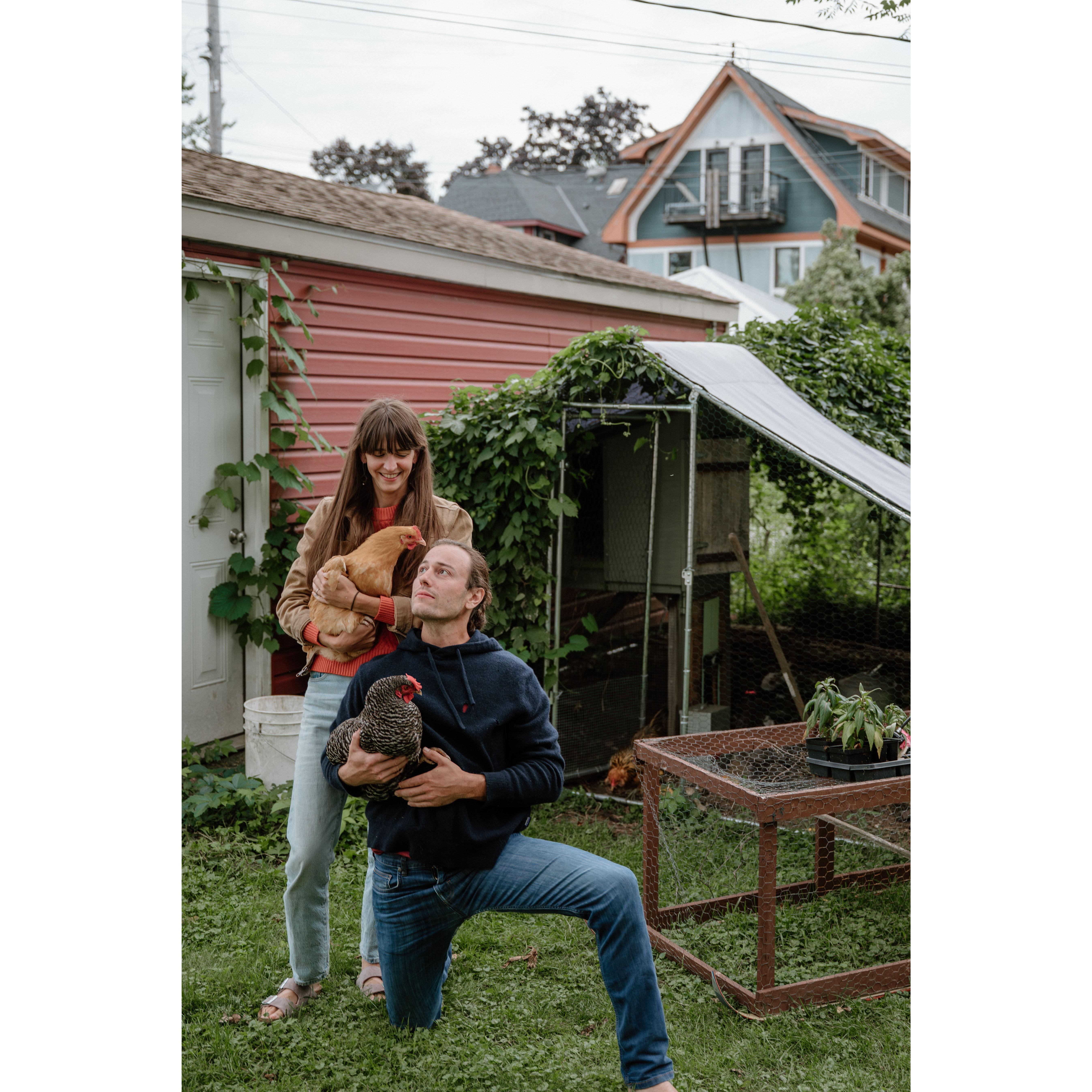 Mitzi and Patrick with their chickens Buff Sullivan and The Rock