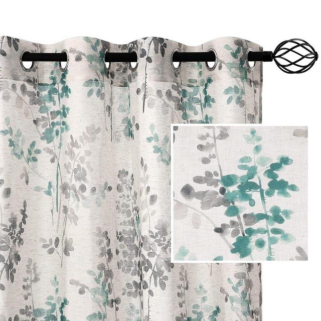 H.VERSAILTEX Sheer Linen Curtains 63 Inch Long Semi Sheer Curtains Draperies for Living Room/Bedroom Turquoise and Taupe Vintage Classical Floral Printing Window Treatment Grommet 2 Panels