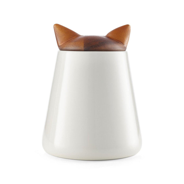 Nambé Cat Treat Jar - 5.5” x 7”, Decorative Feline Storage Container with Acacia Wood Lid & Porcelain Base - Airtight Countertop