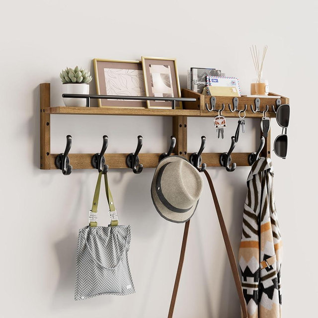 Segtenant 29 inch Coat Rack Wall Mount with Shelf, Set of 2 Heavy Duty Coat Hooks Wall Mount, Entryway Coat Hanger Wall Shelf with Key Holders and Mail Organizer for Living Room, Bedroom, Bathroom