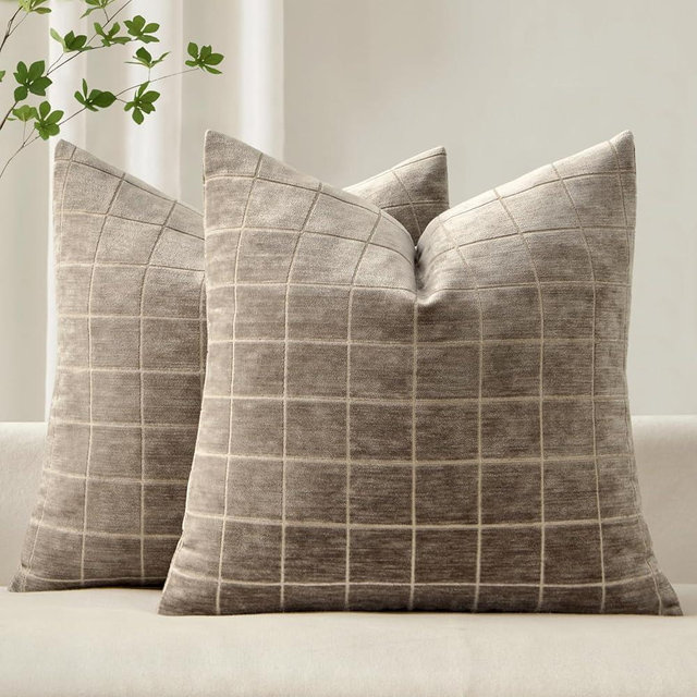 MIULEE Decorative Chenille Check Throw Pillow Covers Vintage Plaid Couch Pillows 20x20 Inch Set of 2 Neutral Boho Farmhouse Cushion Covers Modern Home Decor for Sofa Bed Living Room Taupe Grey