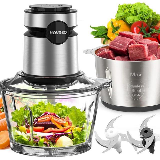 HOVOBO Food Processor, 500W Electric Meat Grinder Food Chopper with Two 8 Cup Bowls & 2 Bi-Level Blades, 2 Speed Kitchen Cutter for Vegetable, Onion, Garlic, Meat, Nuts, and Baby Food, Black