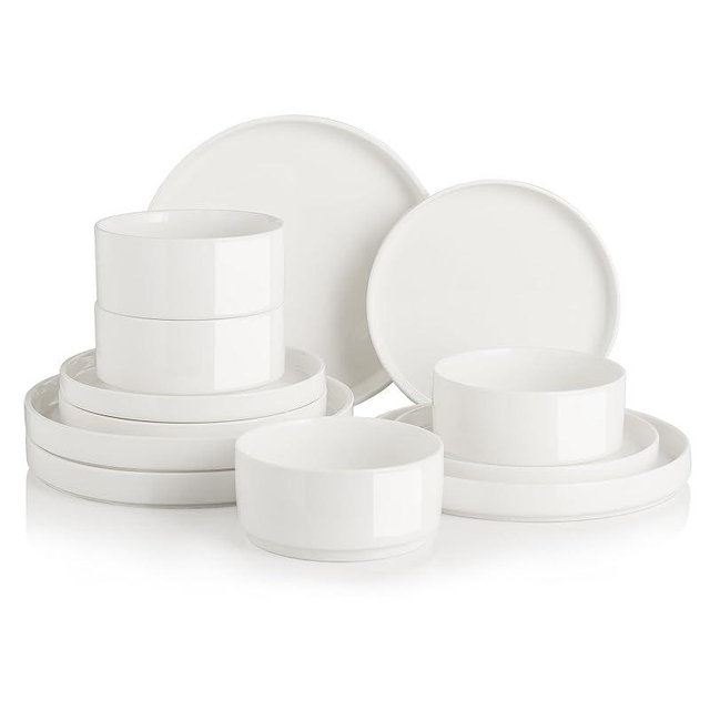 Sweejar Porcelain Dinnerware Sets for 4, 12 Pieces Ceramic Plates and Bowls Set, Classic Modern Simple Kitchen Dinner Dining Ware Set, Dishwasher and Microwave Safe Dishes Sets(Pure White)