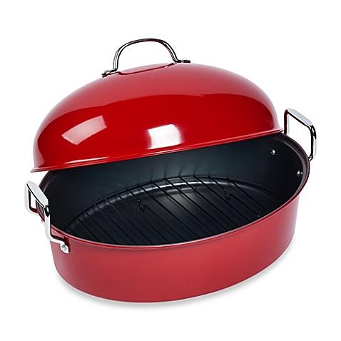 High Dome Nonstick Steel Covered Roaster with Rack in Red