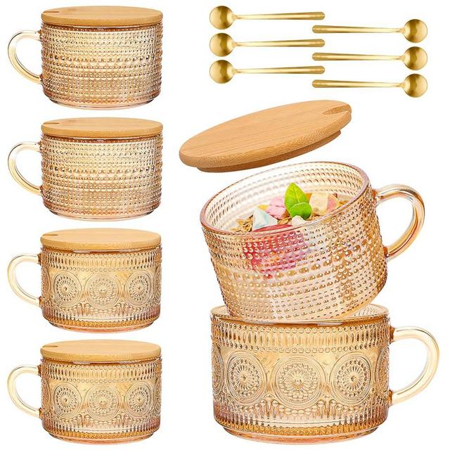 Moretoes 6 Pack Vintage Coffee Mugs, Oats Containers with Bamboo Lids and Spoons, 14oz Amber Embossed Glass Tea Cups for Cappuccino, Latte, Cereal, Yogurt, Beverage Christmas Thanksgiving Day Gifts