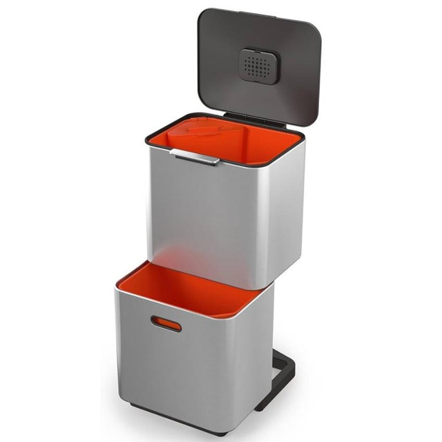 Joseph Joseph Totem Max 60 Liter/15.85 Gallon Waste Separation and Recycling Kitchen Trash Can with Odor Filter and Removable Food Waste Caddy, Stainless Steel
