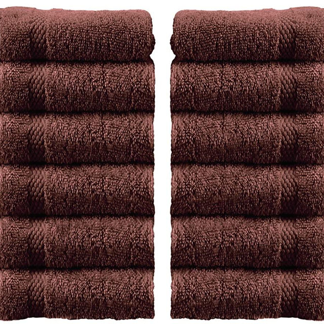 White Classic Luxury Cotton Washcloths - Large Hotel Spa Bathroom Face Towel | 12 Pack | Brown