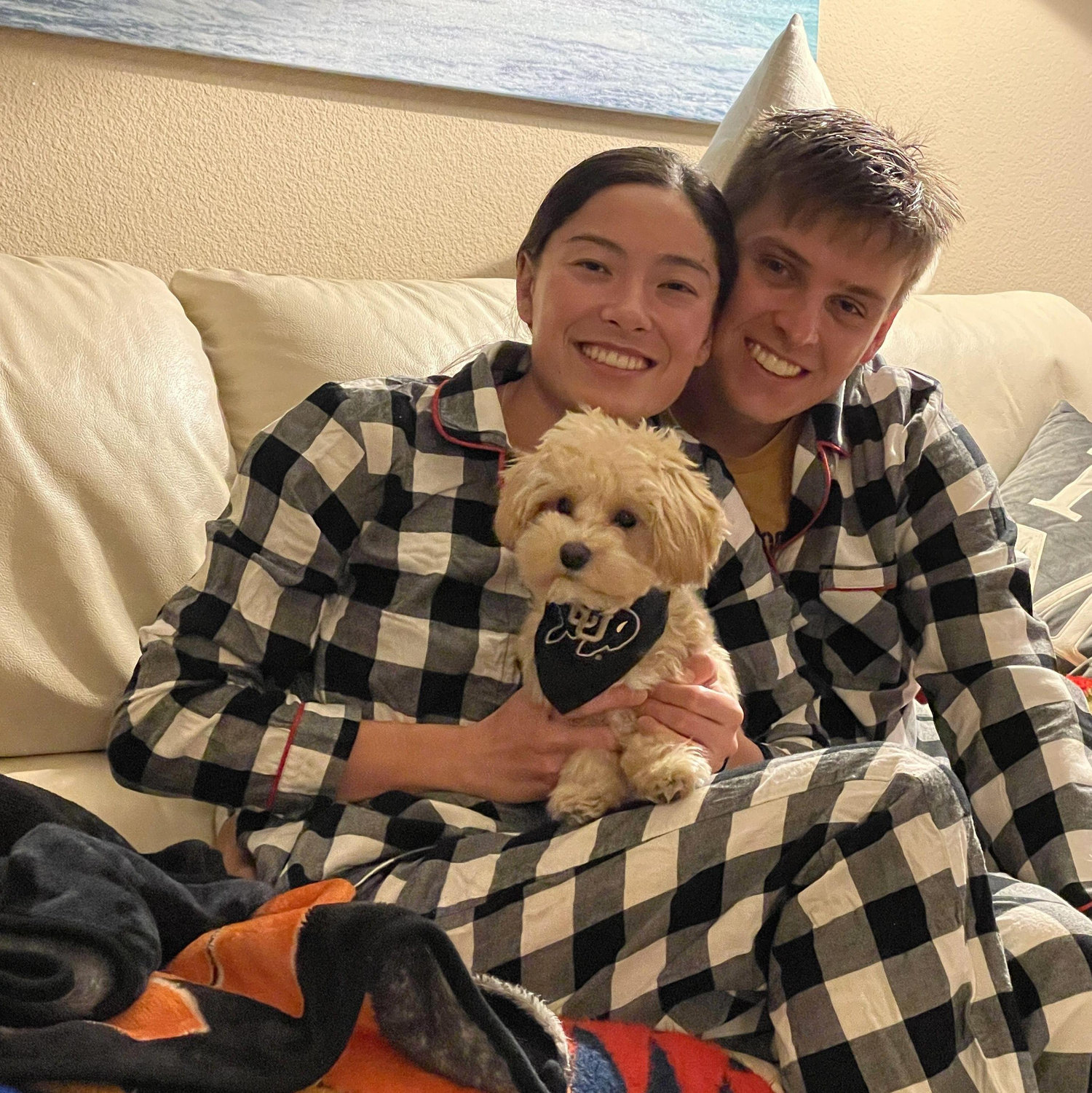 Dec 2021 - Mochi's first Christmas! This was the beginning and end of Drew and Jessie's matching pajamas tradition...