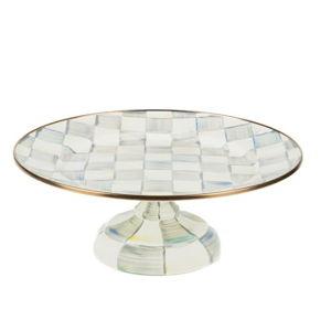 MACKENZIE-CHILDS Enamel Pedestal Platter, Round Cake Stand, Mini, Gray-and-White Sterling Check