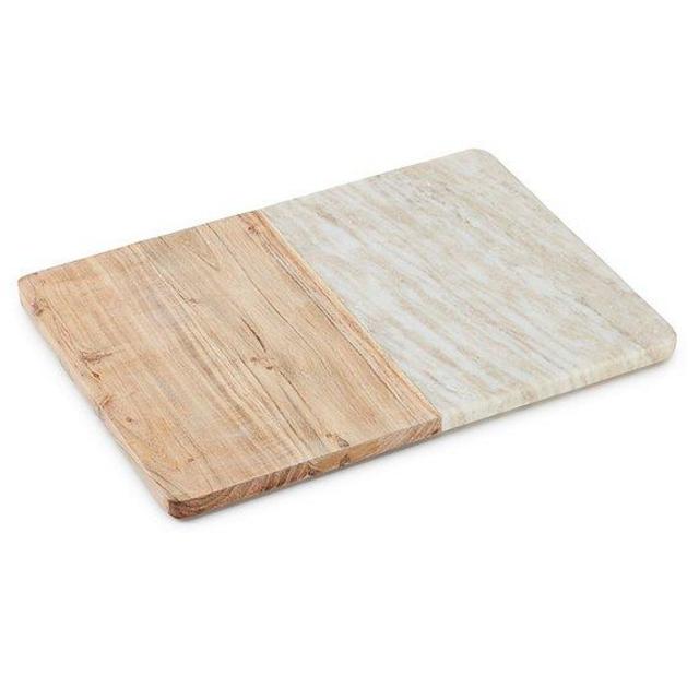 Southern Living Rectangular Beige Marble and Acacia Wood Serving Board