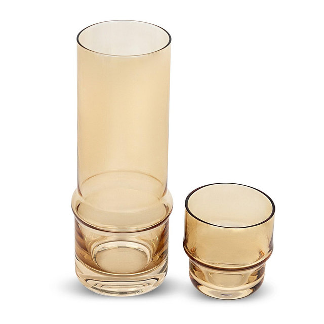 Elle Decor Bedside Water Carafe with Tumbler 33-Ounce Pitcher and Matching Drinking Glass, Stackable Cup as a Lid for Carafe, Amber