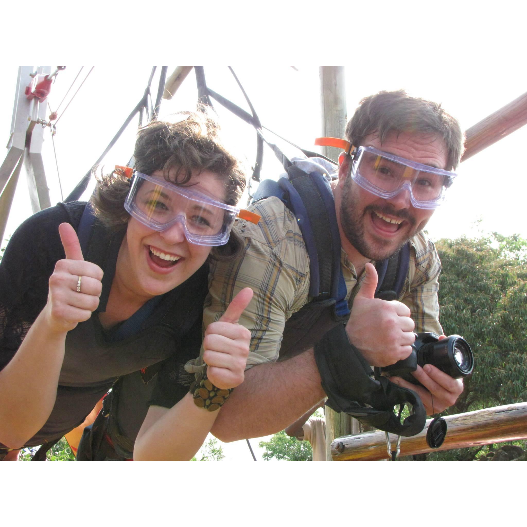 About to zoom down the fastest zip-line in the world, in South Africa. 2015.