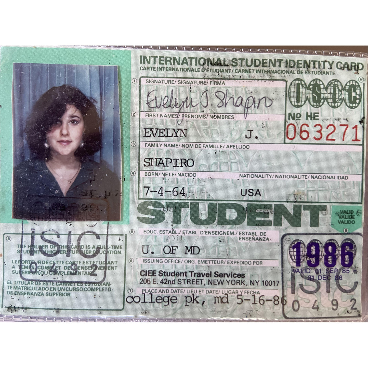 My student ID from when I went to school in London. Antoine was in Los Angeles, working at Rosenblatt's T-Shirts and being an extra in movies and TV.