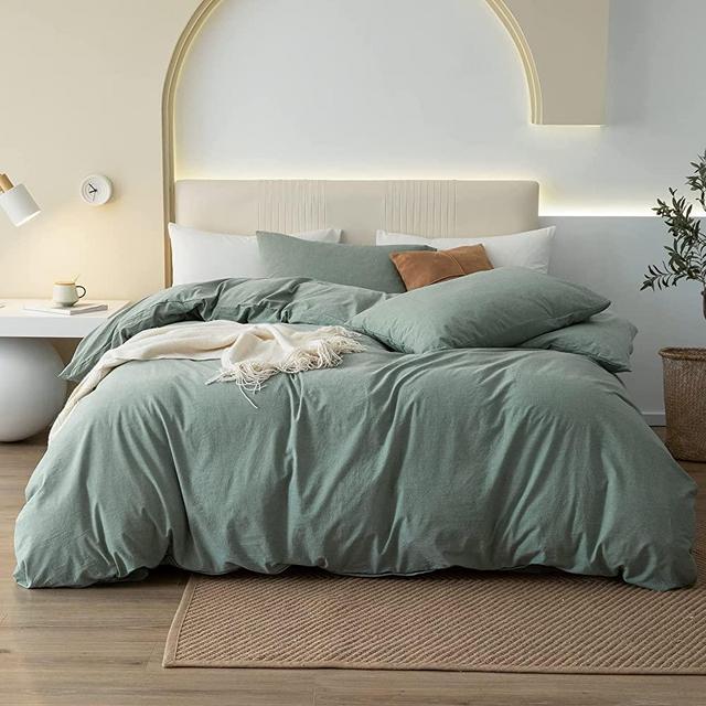 JIYUAN 100% Washed Cotton Duvet Cover Comfy Simple Style Solid Color Soft Breathable Textured Durable Linen Feel Bedding Sets for All Seasons King Size, Green