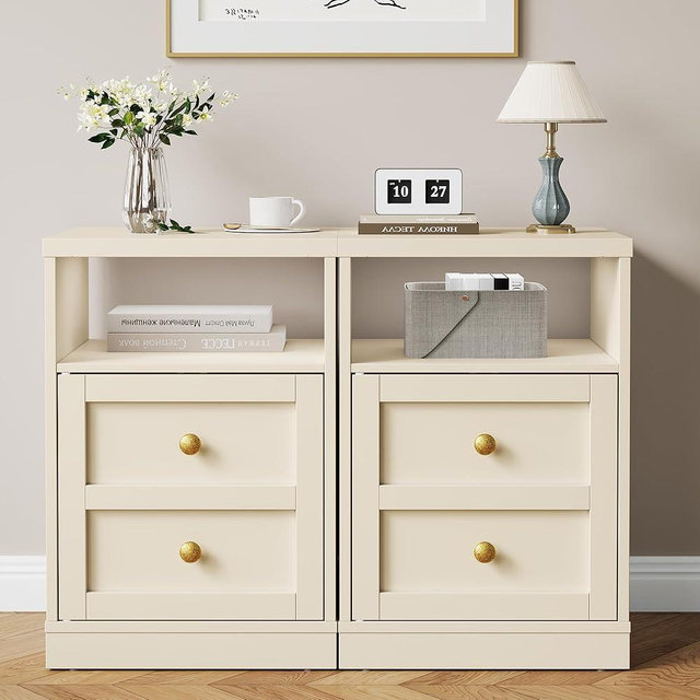 RoyalCraft Beige Nightstand Set of 2, End Table with Storage Shelf and Door, Faux Two-Drawer Design Side Table, Modern Night Stand for Bedroom Dorm, Wood Beside Table for Small Spaces
