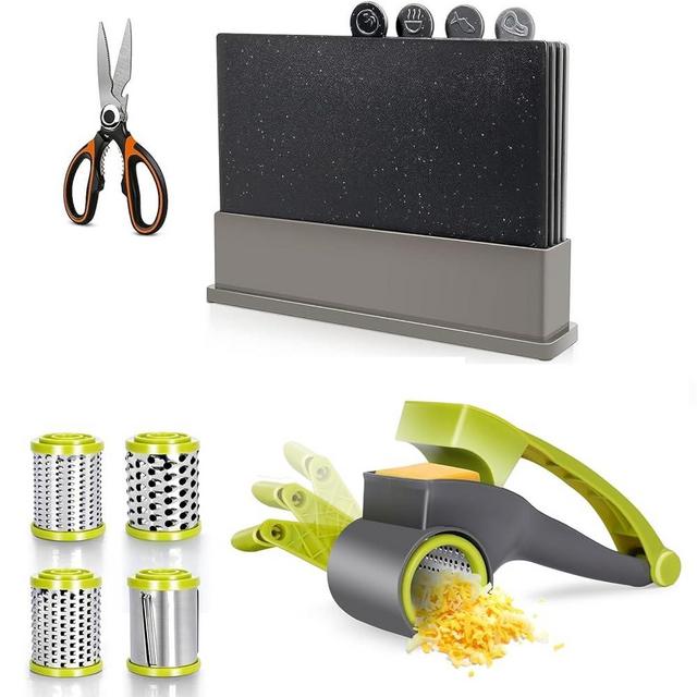 Masthome Index Chopping Board Set with Food Icons and Storage Stand, Parmesan Cheese Grater Handheld with 4 Stainless Steel Drums,Extra 1 Scissors