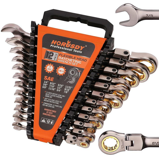 HORUSDY 12-Piece SAE Flex-Head Ratcheting Wrench Set Set with Organizer | 1/4” to 7/8“ Ratchet Combination Wrenches Set | 72-Teeth | Chrome Vanadium Steel