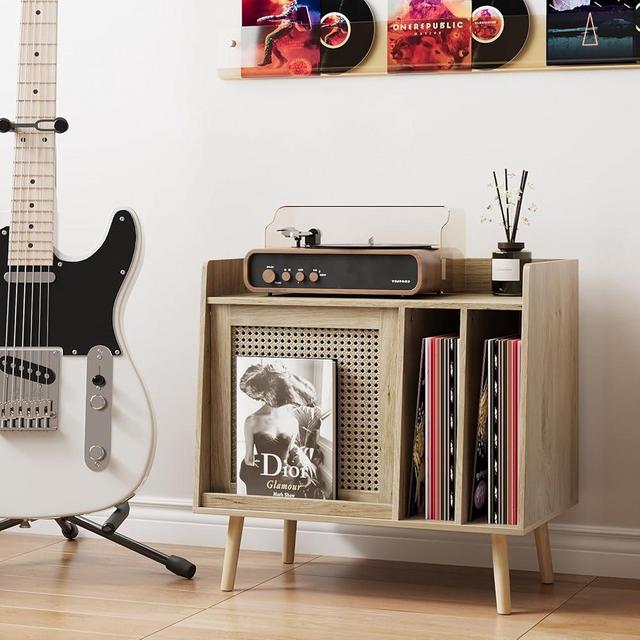 Large Record Player Stand with Storage Cabinet, Vinyl Record Storage Side Table with Rattan Magazine Display Rack, Turntable Stand Vinyl Record Holder with Solid Wood Legs for Living Room, Bedroom