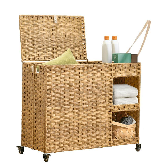 Laundry Hamper with Wheels, 42.3 Gal.(160 L) Laundry Sorter with Shelves, Rattan Clothes Hamper with 4 Removable Liners & 3 Mesh Bags, Handwoven Organizer for bedroom, bathroom, laundry room, Natural