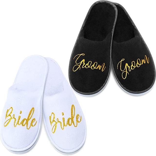 2 Pairs Wedding Slippers Groom Bride Slippers for Wedding Day Personalized Slippers Shower Wedding Bridal Party Gifts, White and Black