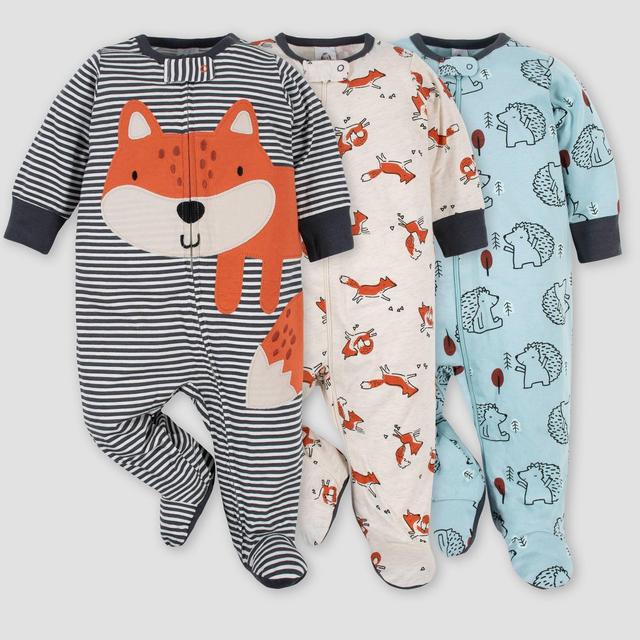 Gerber Baby Boys' 3pk Fox Zip-Front Sleep N' Play - Gray/Cream/Blue 0-3M