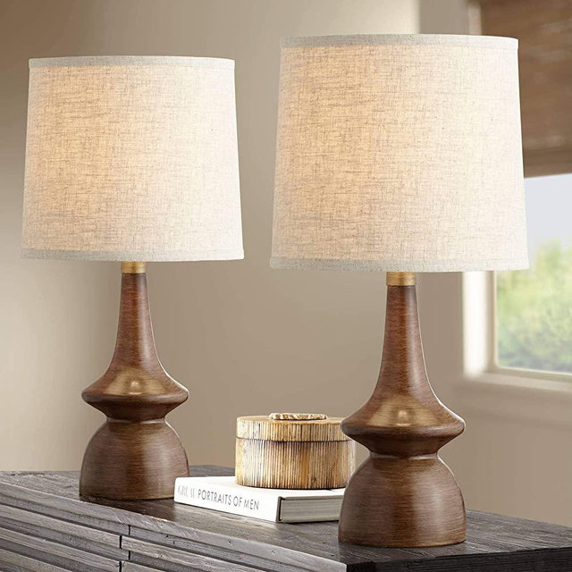 Rexford Mid Century Modern Contemporary Table Lamps Set of 2 Brown Walnut Wood Off White Drum Shade Decor for Living Room Bedroom House Bedside Nightstand Home Office Family - 360 Lighting