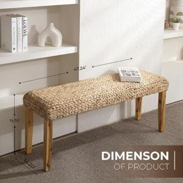 Solid Wood Acacia Indoor Bench with Natural Woven Seat, 47" Boho Bench Entryway, Wood Bench for Living Room or Entryway, Vintage Bench (Fishbone Style - Natural, Water Hyacinth)