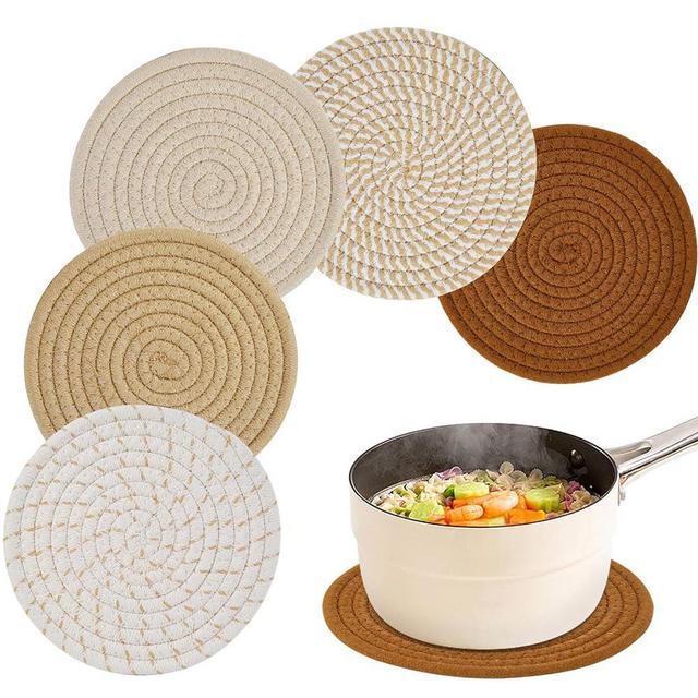 7" Handmade Trivets for Hot Dishes, Hot pots and Pans, 5 PCS Minimalist Cotton Hot Plate Mats, Woven Heat-Resistant Pot Holders Pads Set for Kitchen Counter Table Home Essentials for Housewarming