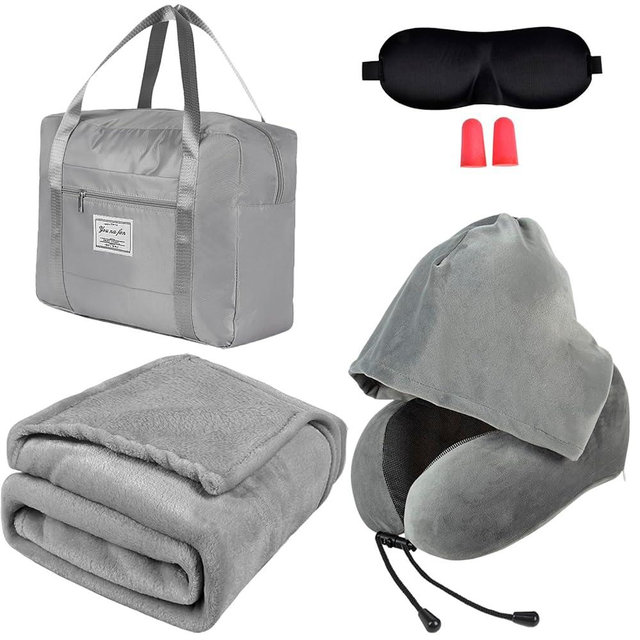 Travel Blanket Pillow Set - Travel Neck Pillow & Blanket for Airplane, Thick Fleece Plane Blankets, Hooded Memory Foam Neck Pillows, Foldable Duffel Bag, Sleep Mask, Earplugs for Plane Traveling