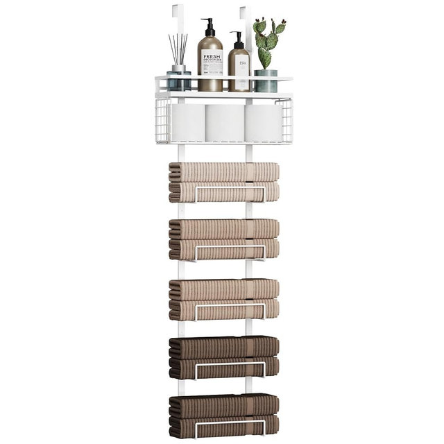 Aetyord Towel Racks for Bathroom Over The Door Towel Racks Towel Storage Organizer with Metal Shelf Basket for Bathroom Rv Camper (7-Tier White)