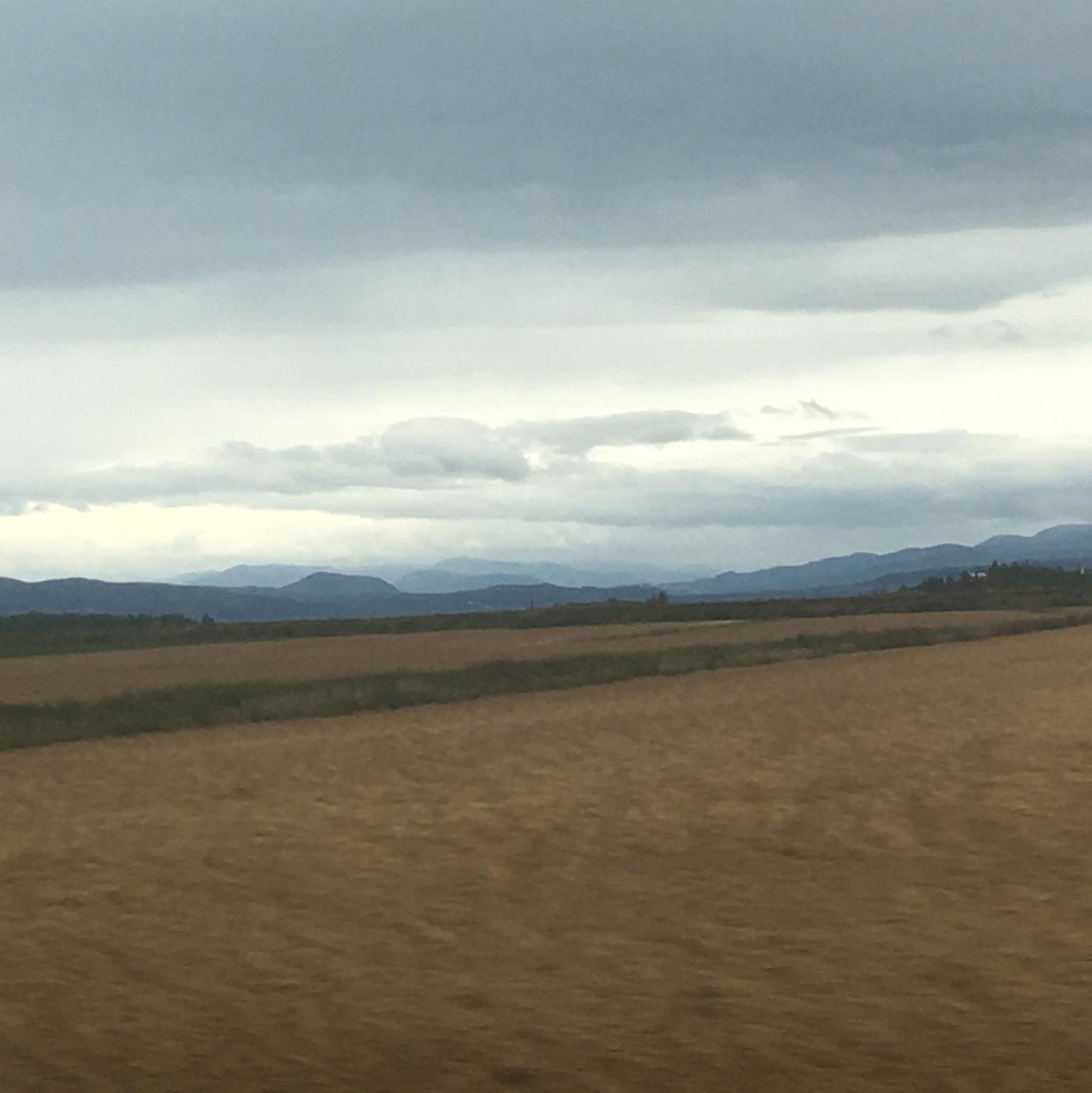 Blurry fields and a horizon of mountains on our way home to Montréal.