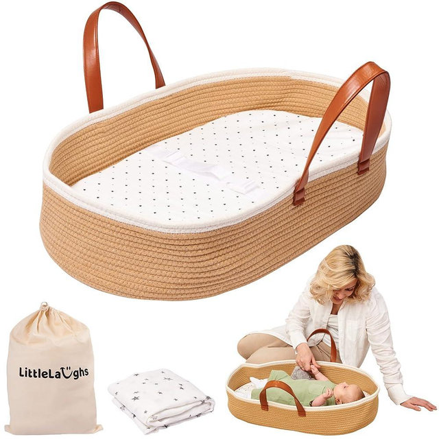 LittleLaughs Moses Basket for Babies with Muslin Blanket | Changing Basket for Baby Dresser | Portable Basket for Your Baby’s Needs | Baby Changing Basket with Pad | Woven Basket for Travel & Nursery